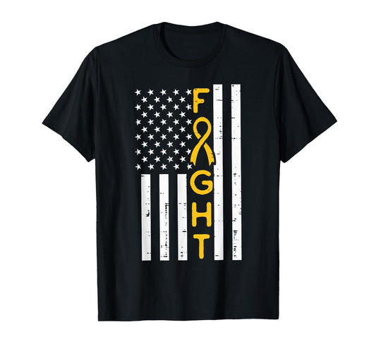 US Flag Fight Childhood Cancer Ribbon Awareness Patriotic T-Shirt