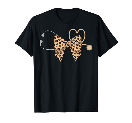 Cute Girls Leopard Print Coquette Bow Nurse Stethoscope T-Shirt