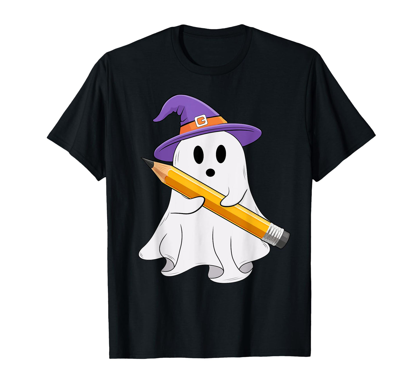 Ghost Holding A Pencil Halloween Costume Spooky Teacher Kids T-Shirt