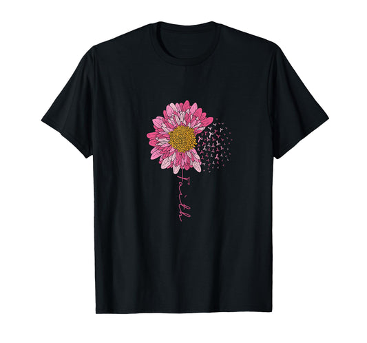 Breast Cancer Awareness Pink Ribbon Sunflower Faith Survivor T-Shirt
