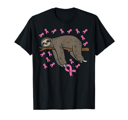Lazy Sloth Pink Ribbon Breast Cancer Awareness Support Gift T-Shirt