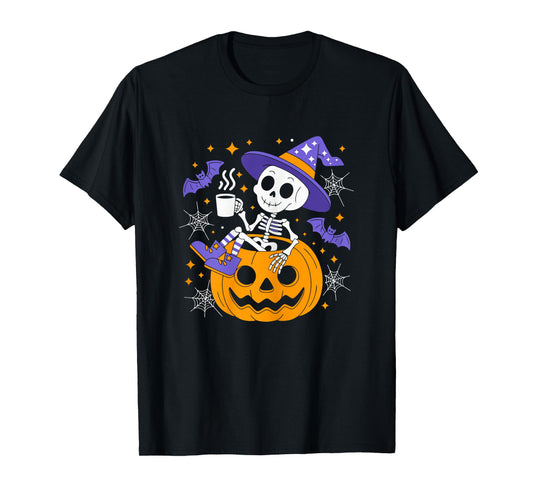 Cute Skeleton with Coffee Halloween Outfit for Women T-Shirt