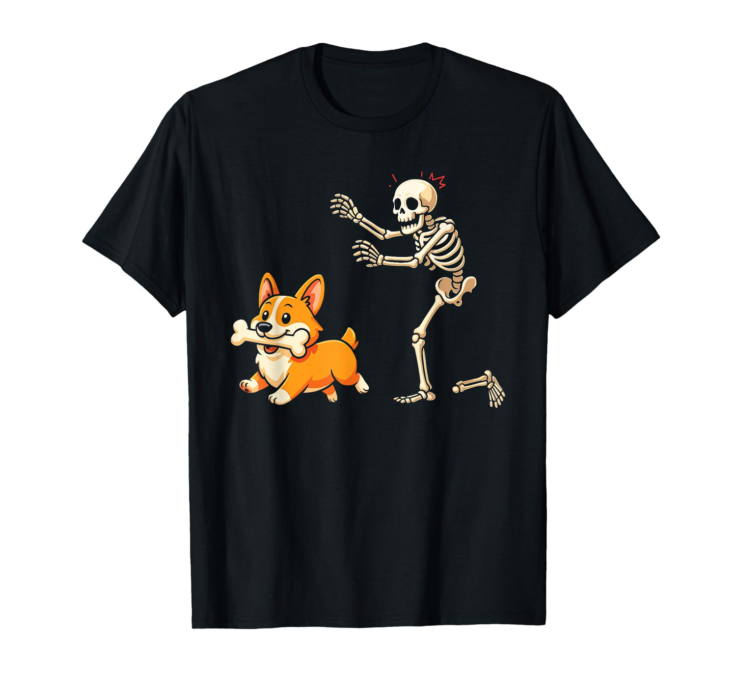 Halloween Dog Funny Skeleton Chasing Corgi Dog T-Shirt