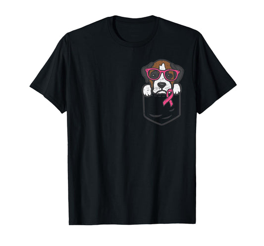 Pocket Boxer Dog Pink Ribbon Breast Cancer Awareness T-Shirt