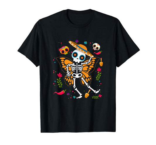 Day of The Dead Sugar Skull Skeleton Monarch Butterfly Wings T-Shirt