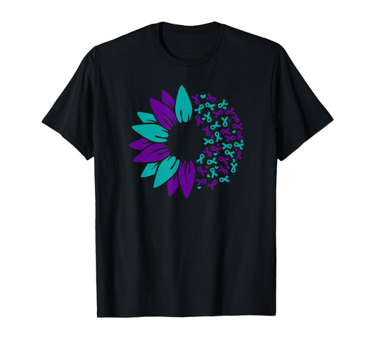 Sunflower Suicide Awareness Prevention Purple Teal Ribbon T-Shirt