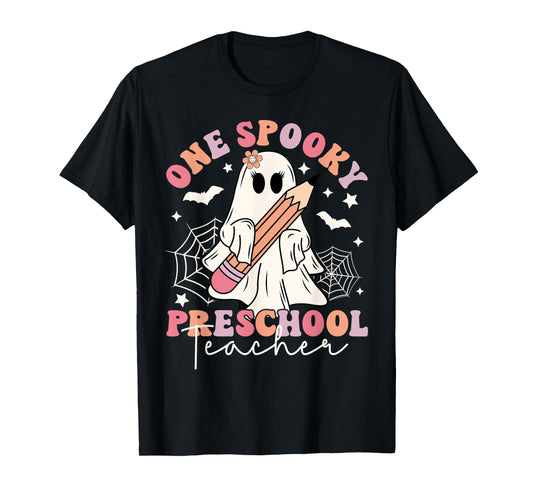 One Spooky Preschool Teacher Ghost Retro Halloween 2024 T-Shirt