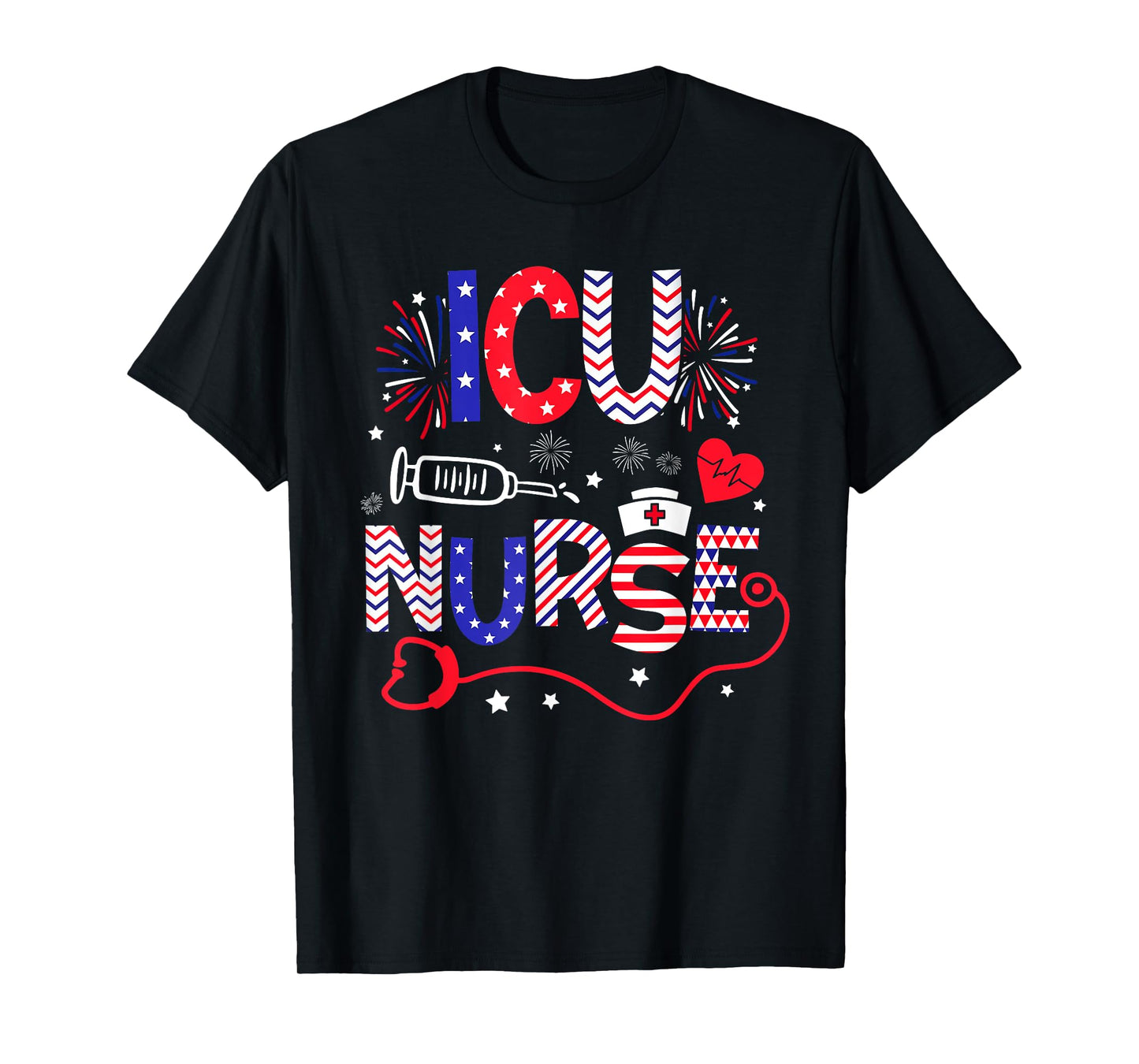 ICU Nurse 4th Of July Patriotic American Flag Stethoscope T-Shirt