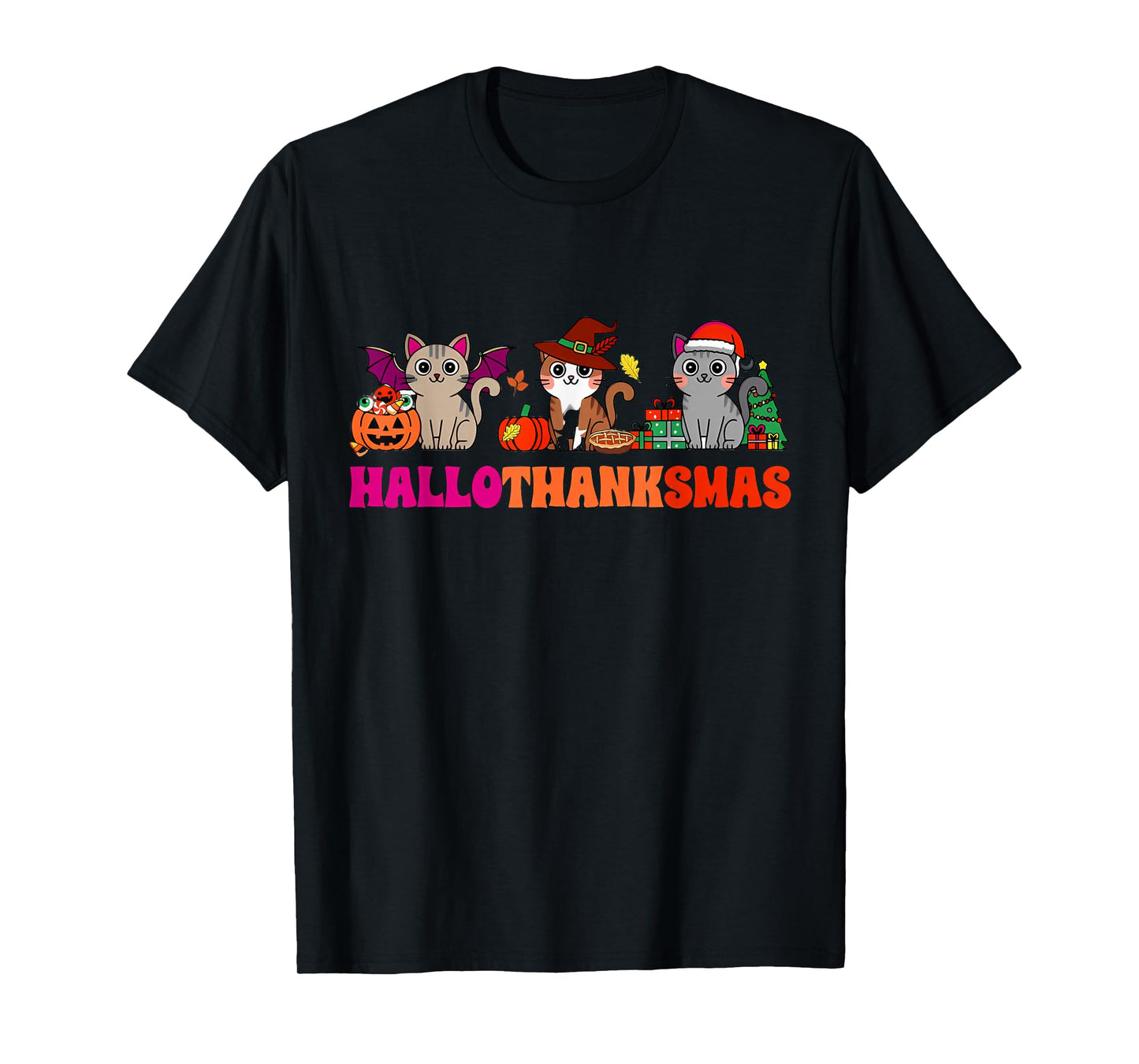 Halloween Thanksgiving Christmas Happy HalloThanksMas Cats T-Shirt