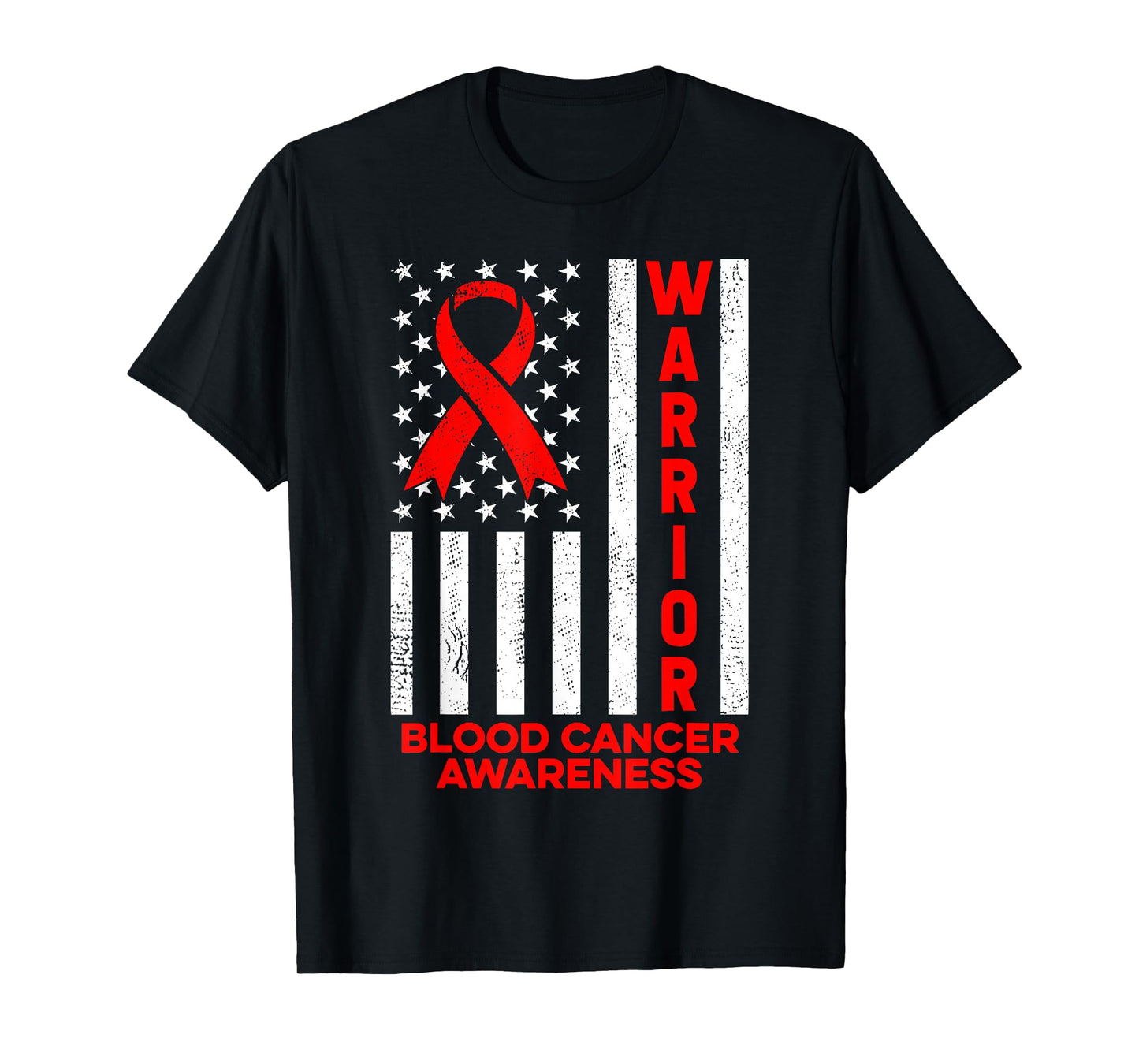 Blood Cancer Awareness Warrior American Flag Red Ribbon T-Shirt
