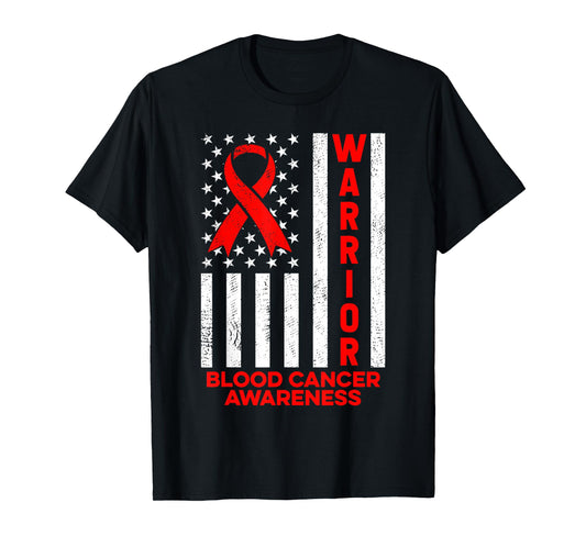 Blood Cancer Awareness Warrior American Flag Red Ribbon T-Shirt