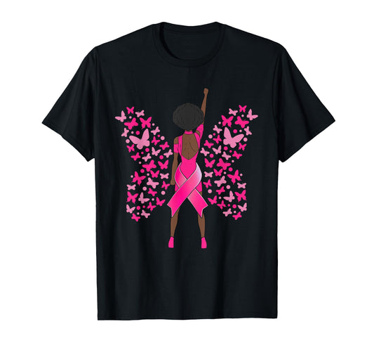 Breast Cancer Awareness Pink Butterflies African American T-Shirt