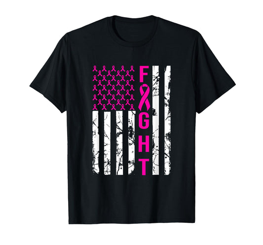 Breast Cancer Awareness FIGHT American Flag Pink Ribbon Women Men T-Shirt
