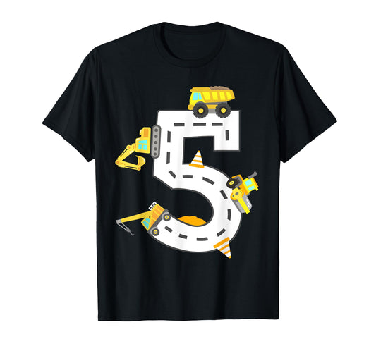 5th Construction Birthday Party Excavator Boys 5 Years Old T-Shirt