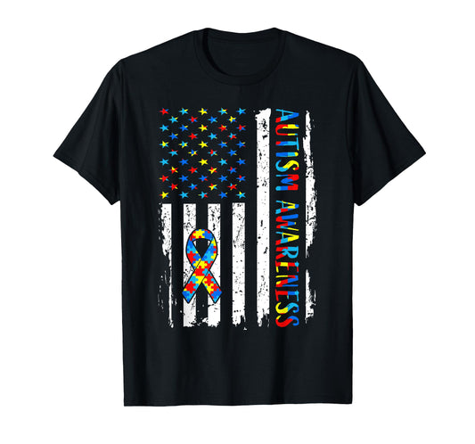 Autism Awareness Mom Dad USA flag Autistic Awareness Autism T-Shirt