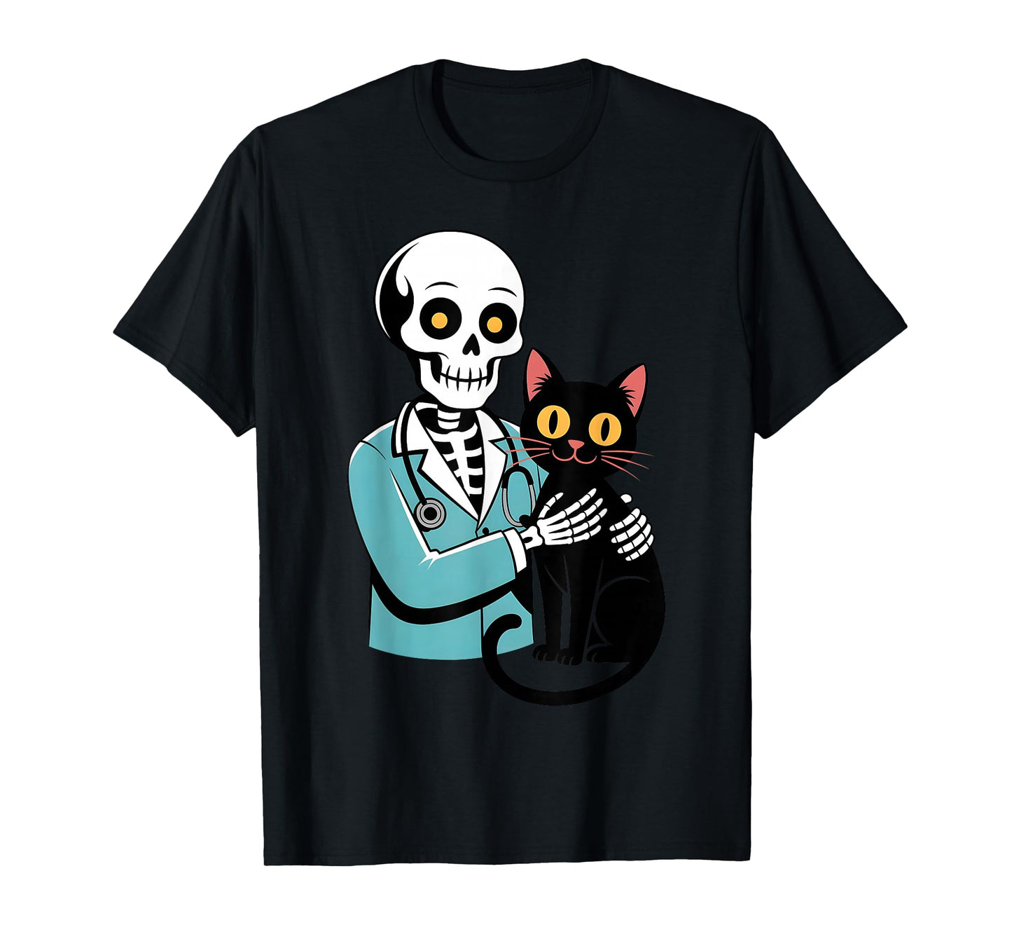 Skeleton Hugging Cat Funny Vet Cat Lover Halloween Men Women T-Shirt