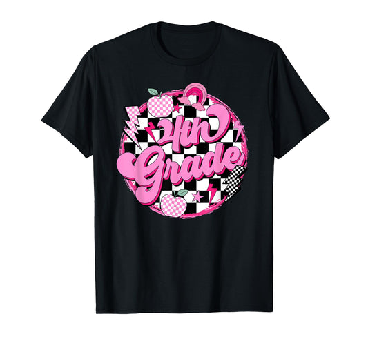 4th Grade Teacher Women Retro Checkered First Day of School T-Shirt