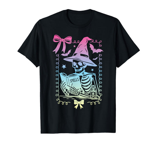 Coquette Bow Skeleton Book of Spells Pastel Witch Girls T-Shirt