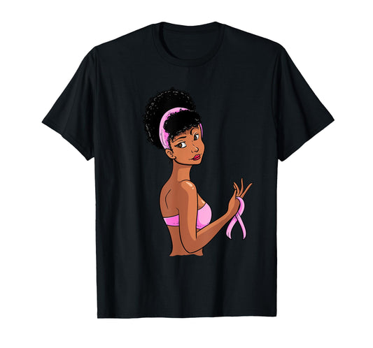 Breast Cancer Awareness Black Afro Women Pink Ribbon Gift T-Shirt