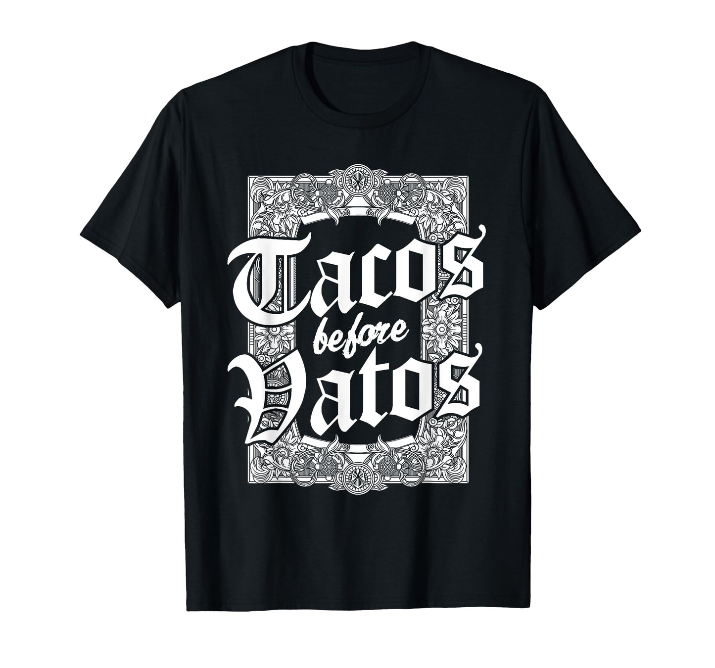 Cinco de Mayo Style Tacos Before Vatos T-Shirt - Women's Classic Fit Black Letter Print T-Shirt - Small