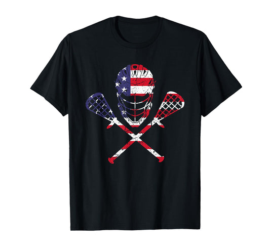 Lacrosse American Flag Helmet Sticks Men Tee 4th Of July T-Shirt