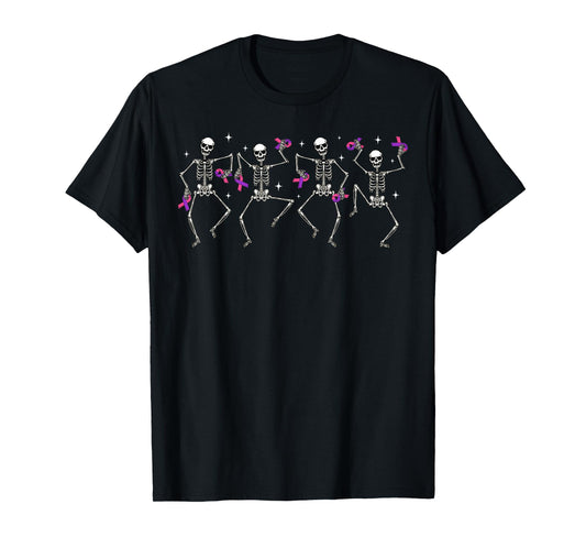 Domestic Violence Breast Cancer Pink Purple Ribbon Skeletons T-Shirt