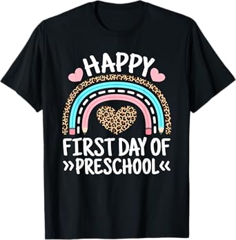 Happy First Day Of Preschool Leopard Rainbow Teacher Student Men Women Kids T-Shirt