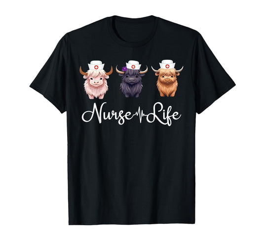 Cute Highland Cow Nurse Life Farm Animal Lover Nursing T-Shirt