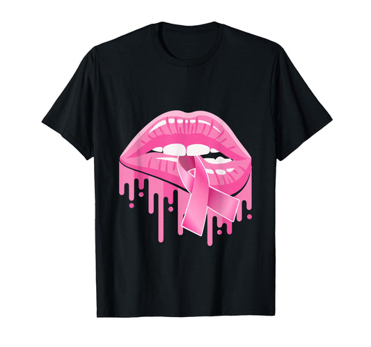 Breast Cancer Awareness Women Sexy Lips Pink Ribbon T-Shirt
