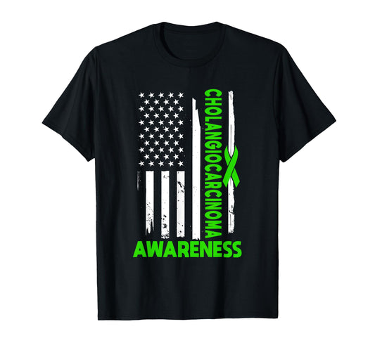 American Flag Cholangiocarcinoma Awareness USA Green Ribbon T-Shirt
