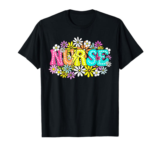 Cute Retro Groovy Nurse Flower Nursing Women T-Shirt