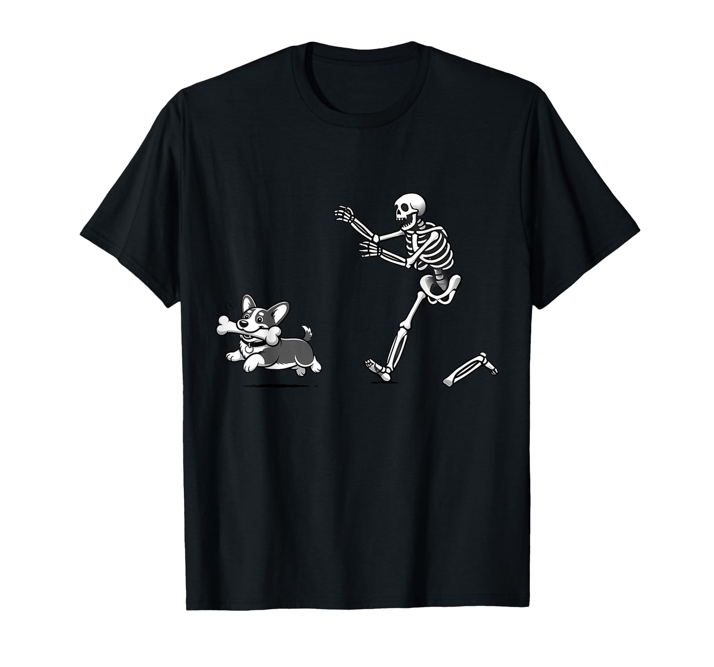 Funny Skeleton Chasing Corgi Dog Lovers Spooky Halloween T-Shirt