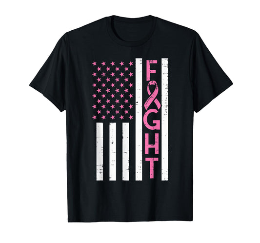 US Flag Pink Ribbon Fight Breast Cancer Awareness Patriotic T-Shirt