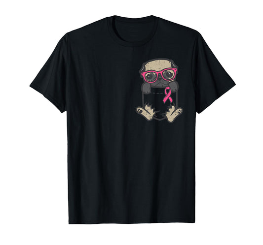 Pocket Pug Dog Pink Ribbon Breast Cancer Awareness Dog T-Shirt