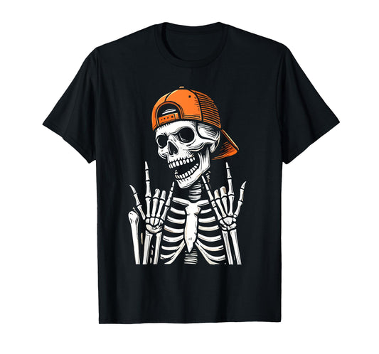 Halloween Rocker Skeleton Cap Skater T-Shirt