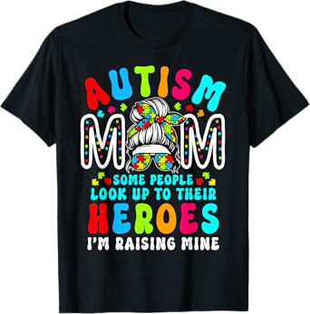 Autism Mom Raising Hero Groovy Messy Bun Autism Awareness T-Shirt