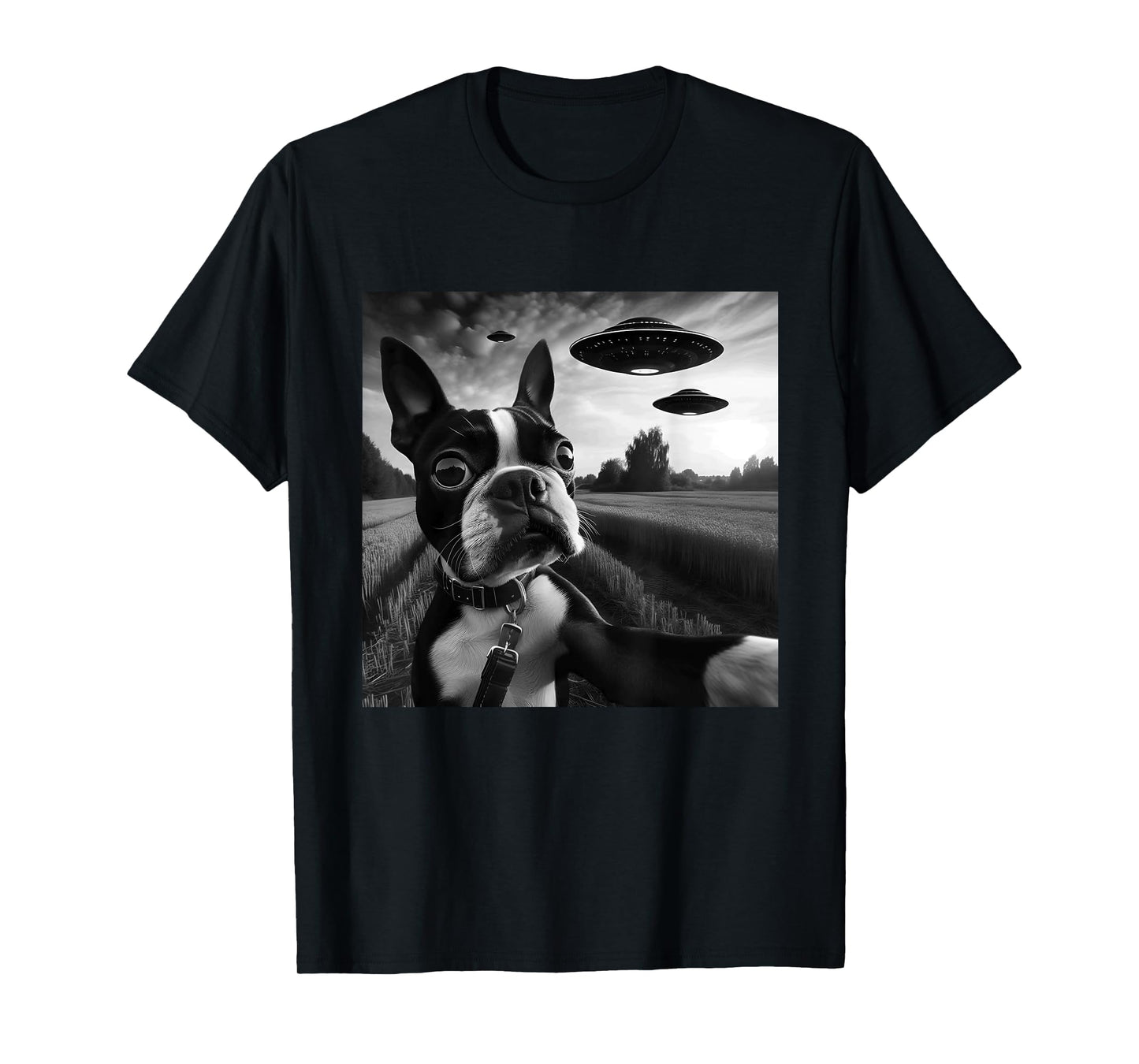 Boston Terrier Funny Graphic Selfie with UFOs Weird Aliens T-Shirt