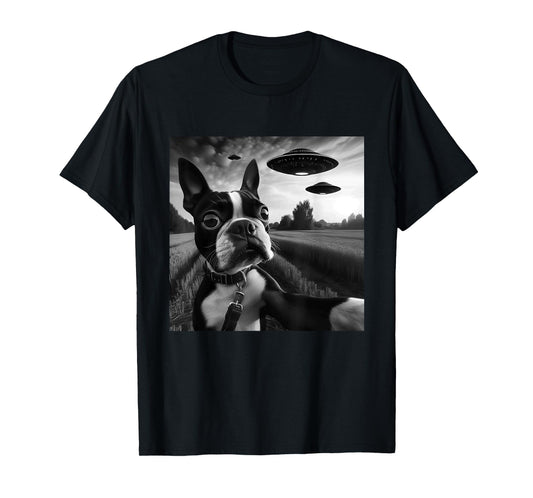 Boston Terrier Funny Graphic Selfie with UFOs Weird Aliens T-Shirt