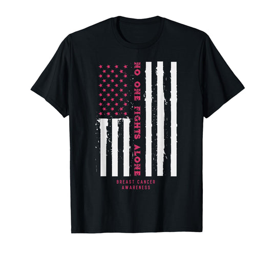 No One Fights Alone USA Flag Breast Cancer Awareness Gift T-Shirt