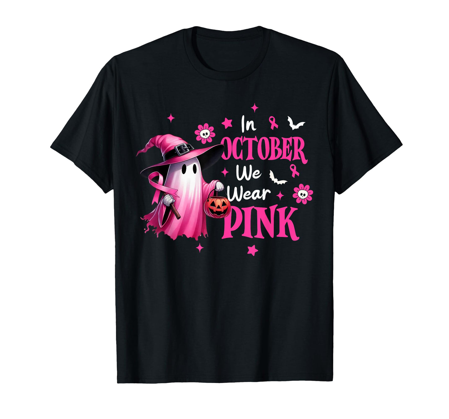 In October We Wear Pink Ghost Witch Breast Cancer Awareness T-Shirt