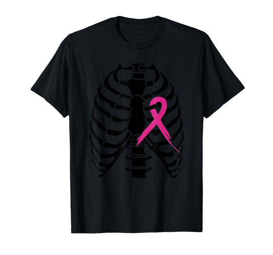 Breast Cancer Awareness Ribbon Halloween Skeleton Rib Cage T-Shirt