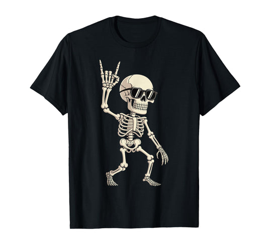 Cool Music Rock On Skeleton with Shades Halloween Party Tee T-Shirt