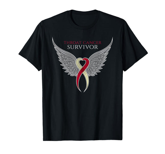 Throat Cancer Awareness T-Shirt by Jomadado for Adults, Unisex, Black, Short Sleeve, Size 8 (US), Classic Fit, Crew Collar, Modern Motivational, Cancer Awareness, Ribbon with Wings