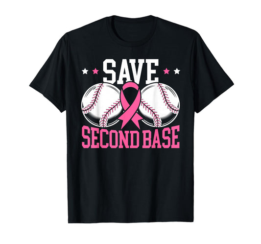 Save 2nd Base Baseball Player Breast Cancer Awareness T-Shirt