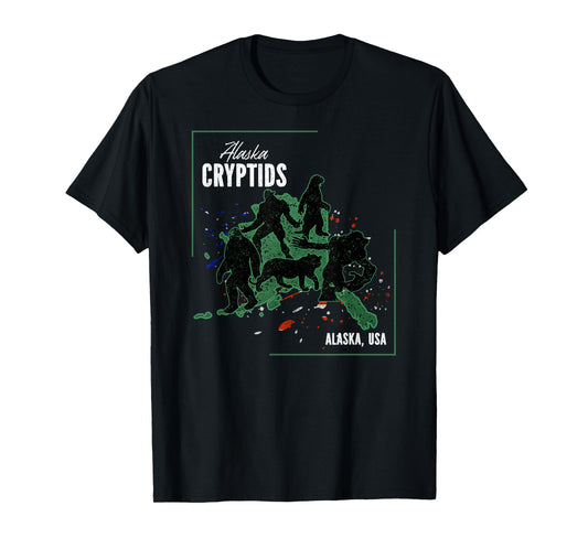 Cryptid Map of Alaska - The Otterman, Bigfoot, Giant, Tiger T-Shirt
