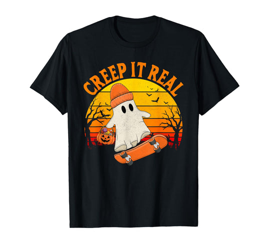 Creep It Real Skateboarding Ghost Funny Halloween T-Shirt
