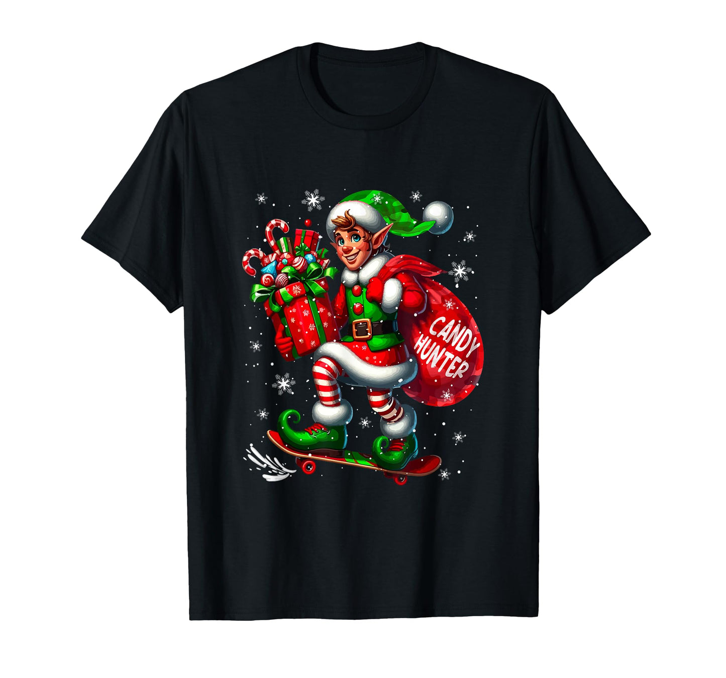 Hunter Christmas Candy Naughty Elf Skateboarding Lover Kids T-Shirt