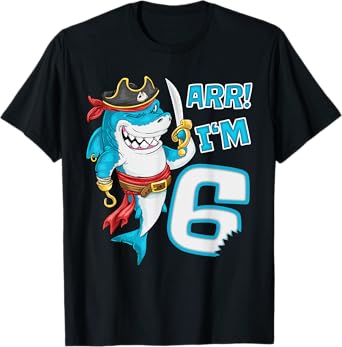 I'm 6 years Bday Shark pirate 6th Birthday boy pirate Party T-Shirt