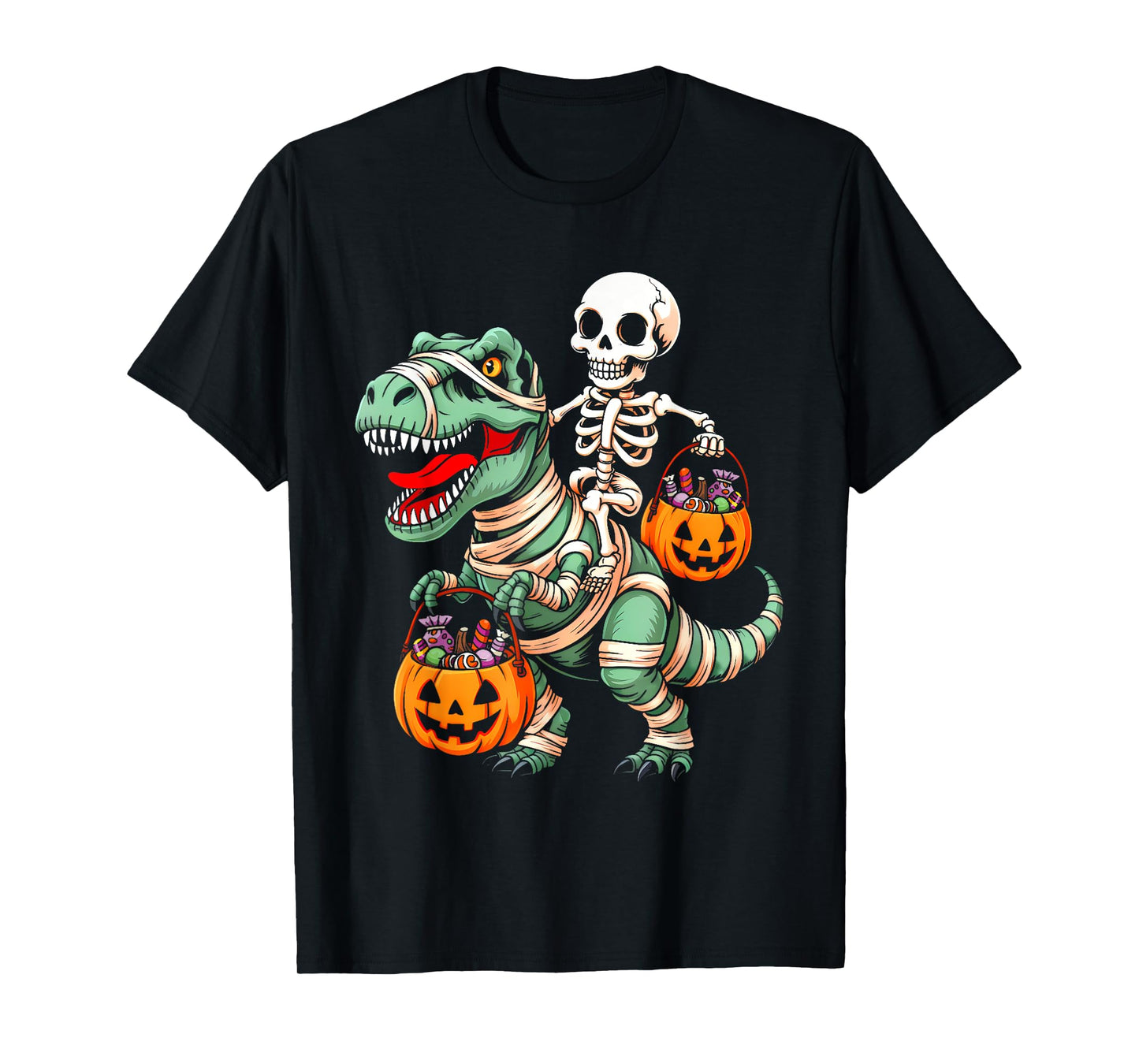 Skeleton Riding Mummy Dinosaur Pumpkin Spooky Trex Halloween T-Shirt