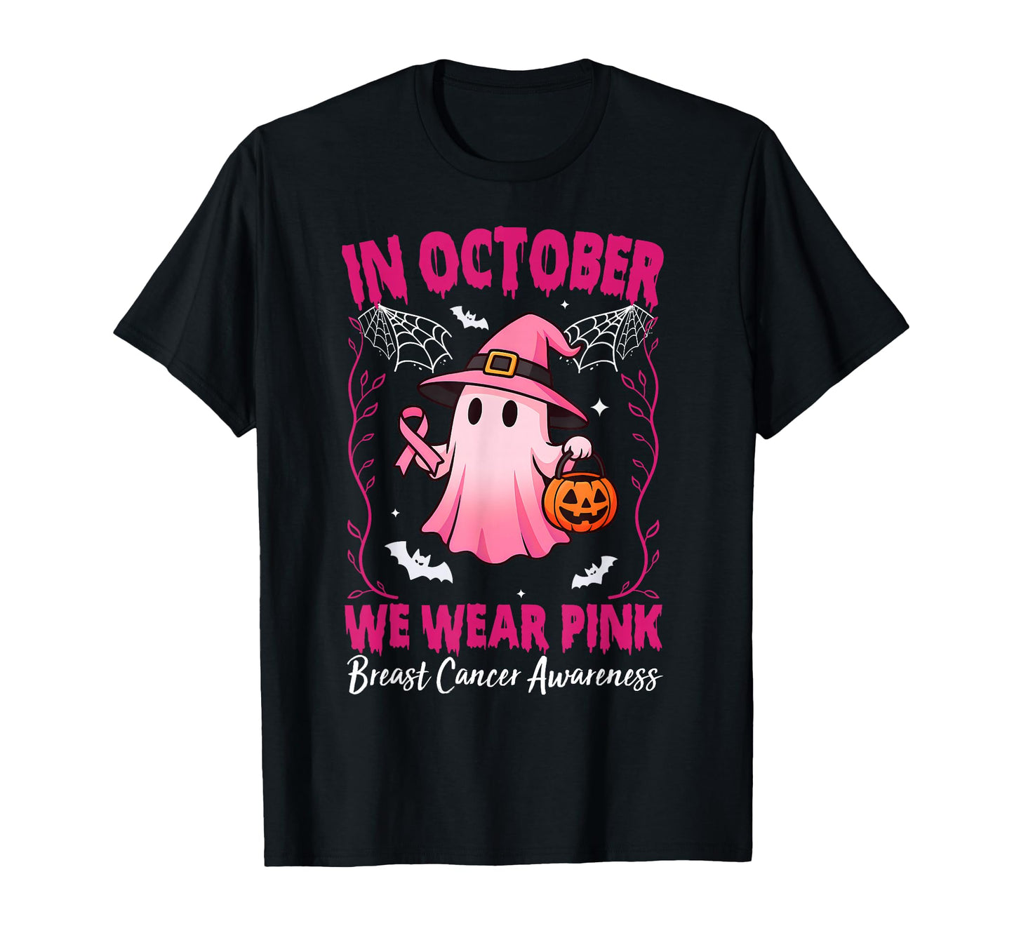 in October We Wear Pink Breast Cancer Awareness Halloween T-Shirt